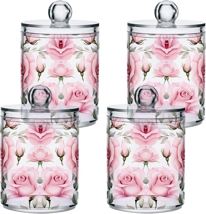 MNSRUU 2 Pack Qtip Holder Organizer Dispenser Pink Roses Pink Bathroom Storage Canister Cotton Ball Holder Bathroom Containers for Cotton Swabs/Pads/Floss