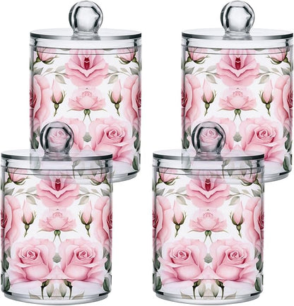 MNSRUU 4 Pack Qtip Holder Organizer Dispenser Pink Roses Pink Bathroom Storage Canister Cotton Ball Holder Bathroom Containers for Cotton Swabs/Pads/Floss