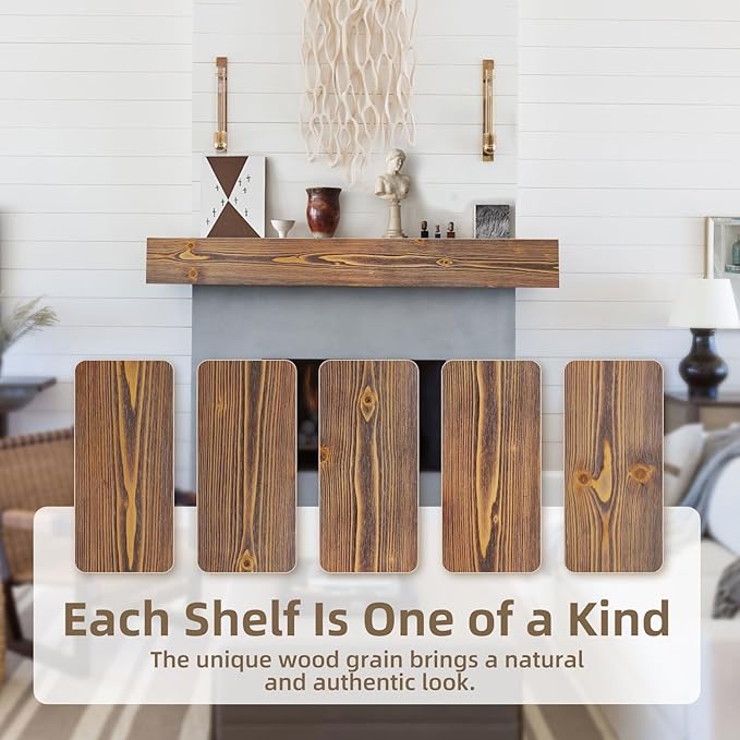 ROOMTEC Fireplace Mantel, 72" Floating Fireplace Shelves, Wall Mounted Wooden Display Shelving, Handcrafted Wood Brack, Natural Mantels Over Fireplace | 72" x 8" x 6" - Brown