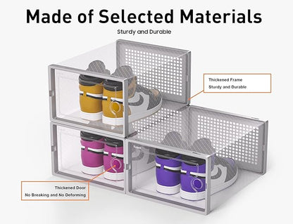 Kuject X-Large Shoe Storage Boxes Organizers Clear Plastic Stackable 12 Pack, Shoe Rack & Holder Substitute, Sneaker Containers, Toy Storage Organizer Bins for Entryway, Closet, Under Bed, Grey