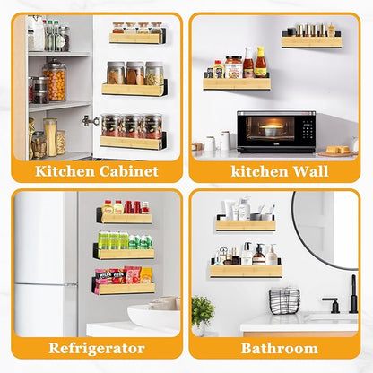 Kitchen Spice Rack Wood: 2 Packs Black Iron and Wooden Adhesive Wall Mount - 11.8" Large Hanging Storage Organizer Cabinet Without Drilling for Smooth Wall