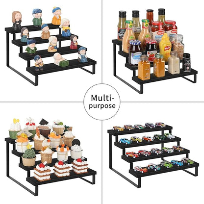 YINMIT Wooden Display Riser Stand, Tiered Perfume and Cologne Organizer Stand, 4 Tier Spice Rack Organizer, Rustic Display Shelf for Candles (4 Tier,2Pack,Black)