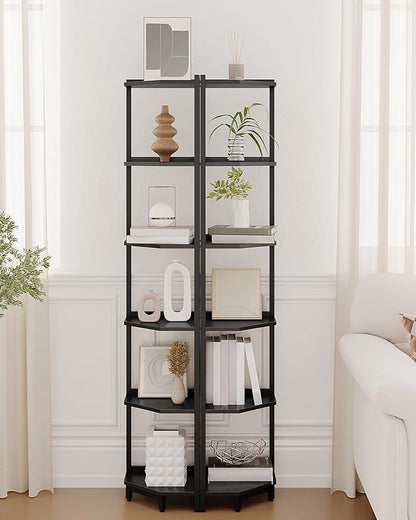 Corner Shelf Stand, Corner Bookshelf, Storage Standing Shelf Unit with Metal Frame, Plant Stand, Corner Bookcase for Living Room, Home Office, Bedroom, 6-Tier Black CS06006B