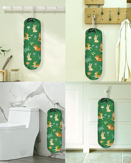 Plastic Bag Holder Organizer - 1 Pack Reusable Canvas Grocery Bags Holder Hanging Wall Cute Aesthetic Shopping Bag Storage Dispenser with Drawstring Closure for Kitchen Home, Pets