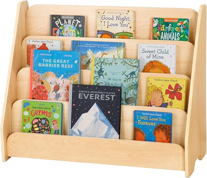 OOOK Kids Bookshelf, Wooden 4-Tier Front Facing Book Display Shelf for Kids, Toddler Montessori Bookshelf for Classroom, Playroom, Nursery