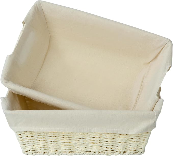 JS HANGER Wicker Storage Basket with Washable Liners, Metal Frame, Set of 2, 12.6" L x 8.7" W x 4.3" H, Woven Paper Basket for Pantry, Toilet, Bathroom, Bedroom, Patio, Light Yellow
