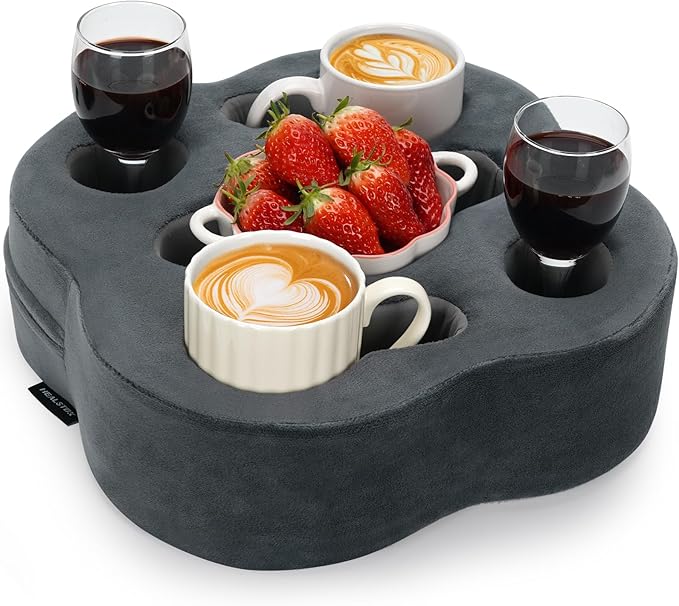 Couch Cup Holder | Sofa Cup Holder Pillow Drink Tray Organizer for Drinks, Remotes, Phones, Snacks (Grey, 12 * 12 * 3.7 Inch)