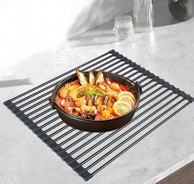 Pezixueran Roll Up Dish Drying Rack Over The Sink.Foldable Kitchen Drainer,Fully Silicone Cover Stainless Steel Bar,Heat-Resistant, Anti-Slip Sink Rack for Kitchen Counter Black,20.5 x 13 Inch