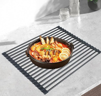 Pezixueran Roll Up Dish Drying Rack Over The Sink.Foldable Kitchen Drainer,Fully Silicone Cover Stainless Steel Bar,Heat-Resistant, Anti-Slip Sink Rack for Kitchen Counter Black,20.5 x 13 Inch