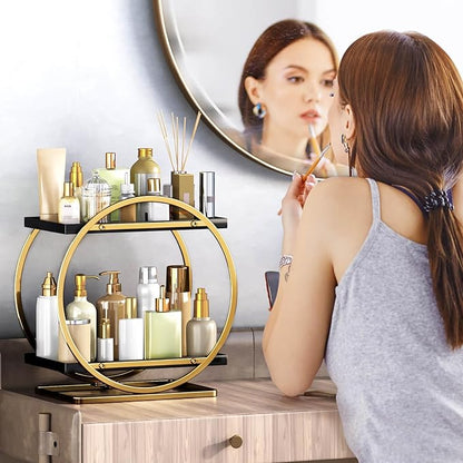 YIWANFW Makeup Organizer for Vanity, Black Gold Perfume Organizer for Dresser, 2-Tier Bathroom Countertop Organizers, Bathroom Counter Shelf Skincare Holder Perfume Tray Cosmetic Display