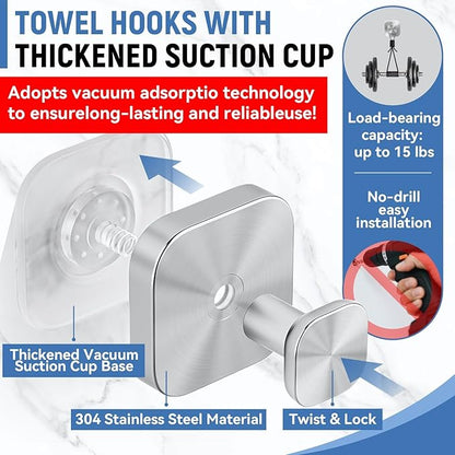 IGDALAR Suction Cup Hooks 4 Pack - Heavy Duty Vacuum Towel Hooks (Max Load 15 lbs) for Shower, Removable Waterproof Wall Hangers for Bathroom Glass, Window & Kitchen (Silver)