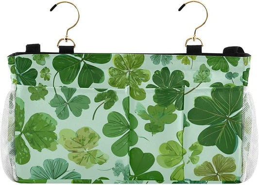 CuwrYet Bedside Caddy Hanging Bunk Bed Caddy Bed Organizer Hanging Pocket with 2 Hooks Bedside Storage Organizer Pocket Bag Holder Green Nature St Patrick Clovers