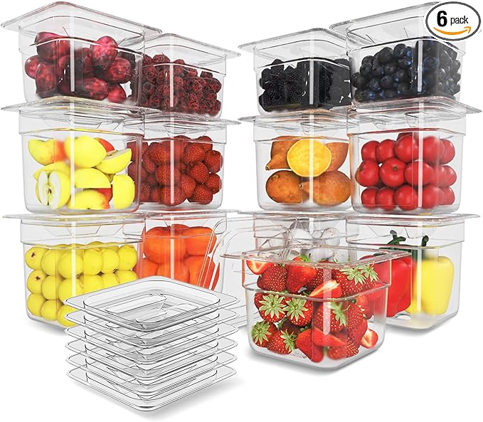 HNEDSEN 12 Pack Plastic Food Pan with Lid 1/6 Size 6 Inch Deep Restaurant Clear Food Storage Containers Polycarbonate Commercial Hotel Pans for Fruits Vegetables Beans Corns (12 PCS, 6'' Deep)