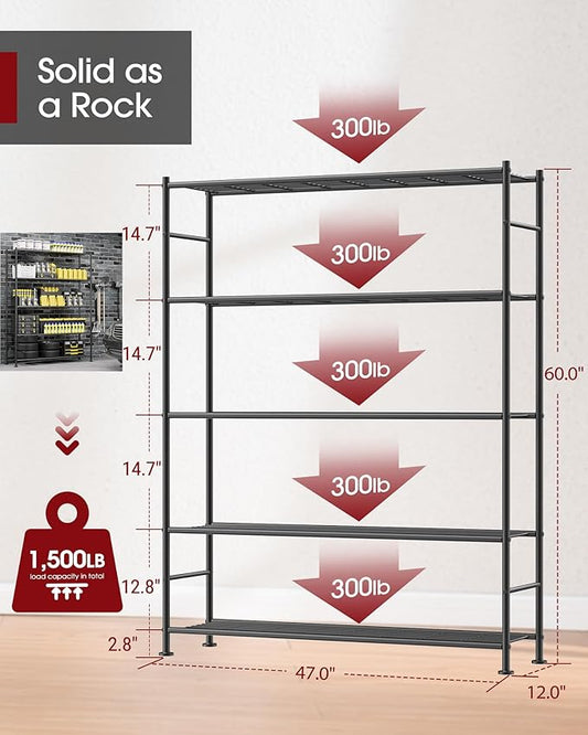 Storage Shelves - 5 Tier Shelf Organizer, Sturdy Metal Garage Shelving with Adjustable Leveling Feet, Space-Saving Shelves Organizer for Pantry, Laundry, Kitchen (47" x 12" x 60", Black)