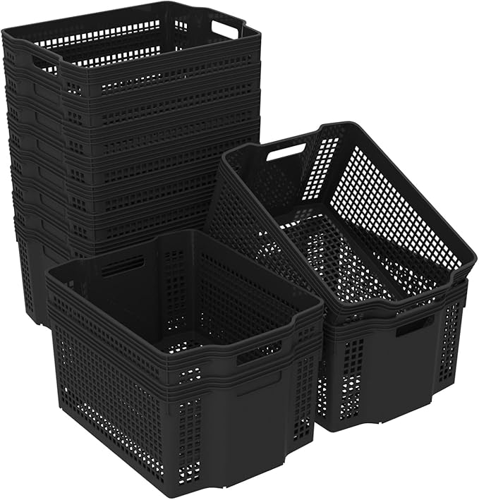 Set of 12 Plastic Large Basket for Pantry Organizing, Plastic Stackable Storage Basket Organizer for Shelf, Black