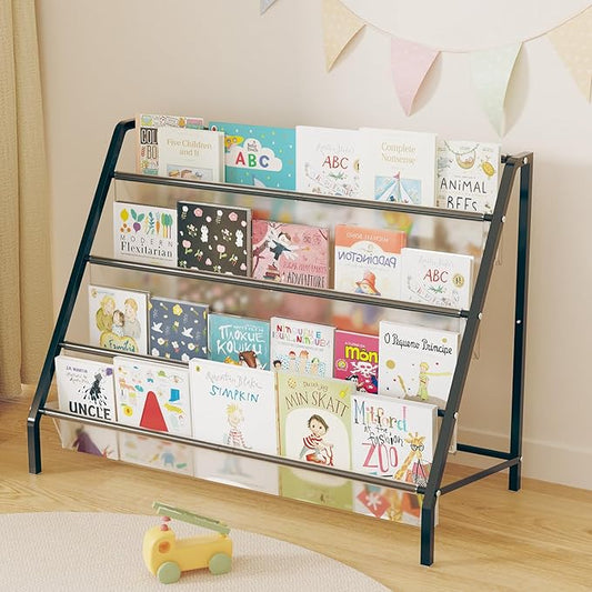 High-Transparent 4 Tier Kids Bookshelf, Sturdy Metal Large Size Book Rack Storage for Kids (Black)