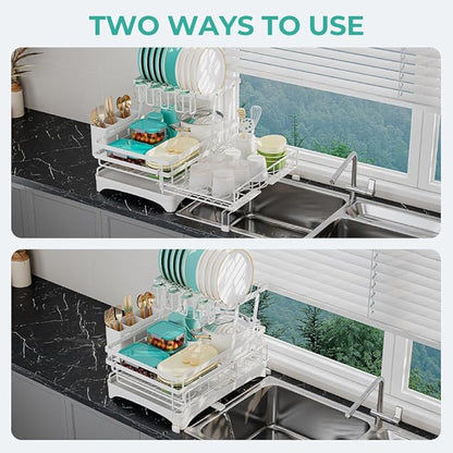 HANLE 2 Tier Large Dish Drying Rack - Extendable Dish Rack, 2-in-1 Anti-Rust Stainless Steel Dishrack for Kitchen Counter and Sink, Dish Strainer with Utensil Holder & Cup Holder(White)