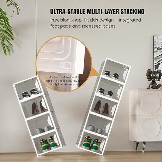 ADTO X-Large Stackable Shoe Boxes - Clear Plastic Shoe Storage Boxes with Magnetic Door, Thicken Shoe Organizer for Closet, Space Saving Foldable Shoe Containers Bins for Sneaker Boot - 8 Pack(White)