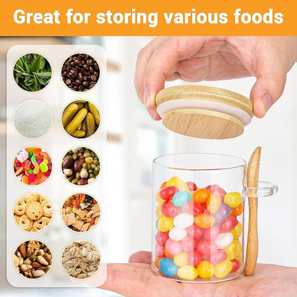 Glass Jar with Bamboo Lids and Spoon - 4 Pack 6 Fl.oz Round Glass Food Storage Jars with Airtight Lid, Includes Labels and Marker, Clear Coffee Sugar Container Set, Loose Tea Canister for Spice