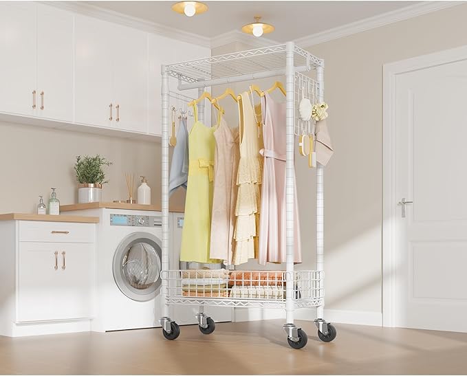 VIPEK R1 Rolling Clothes Rack with Pegboard Organizer Portable Closet for Hanging Clothes with Lockable Wheels & Removable Basket, Compact Clothing Rack for Small Spaces Apartments/Bedroom, White