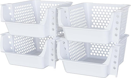 Skywin TidyFriend Stackable Storage Bins for Pantry, 4 Pack Stackable Bins For Organizing Food, Kitchen, and Bathroom Essentials (White)