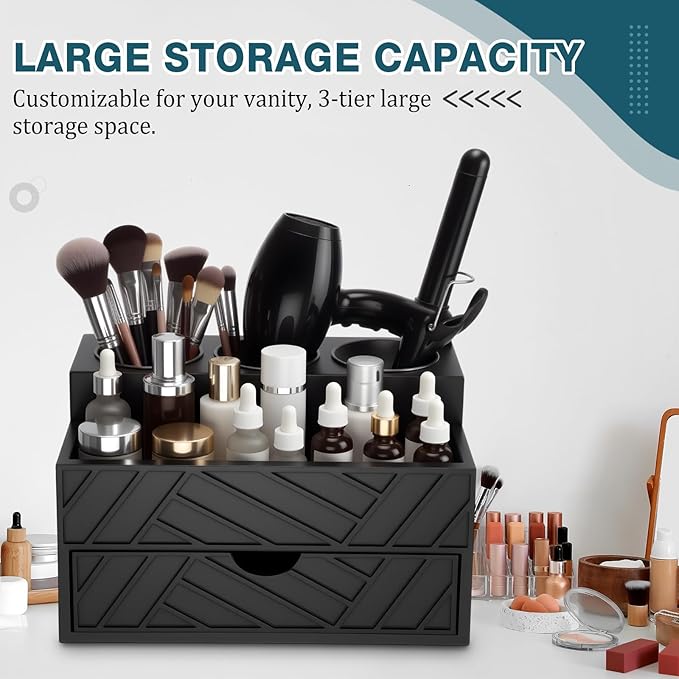 BrightRow Black Hair Tool Organizer with Drawer, Hair Brush Storage for Bathroom and Vanity Countertop, Fits Blow Dryer, Curling Iron, Makeup Brushes, Skincare, Hot Tools Organizer for a Tidy Counter