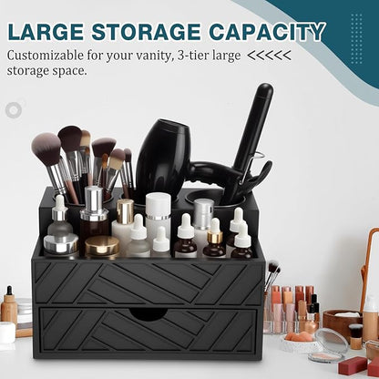 BrightRow Black Hair Tool Organizer with Drawer, Hair Brush Storage for Bathroom and Vanity Countertop, Fits Blow Dryer, Curling Iron, Makeup Brushes, Skincare, Hot Tools Organizer for a Tidy Counter