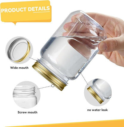 novelinks 16 oz Clear Plastic Jars with Lids, Refillable 16oz Mason Jars with Lids & Storage Containers for Kitchen & Household Use (24 Pack,Gold)