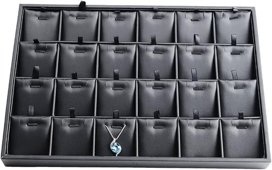 Black PU Leather Jewelry Display Tray 24 Grids Pendant Earrings Necklace Organizer Display Showcase Jewelry Storage Tray