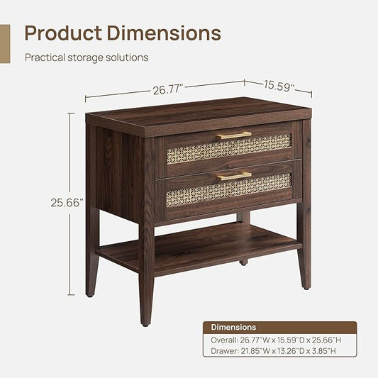 SICOTAS Large Night Stand, Nightstand with 2 Drawers and Storage Shelf, Rustic Wooden Bedside Table for Bedroom, Mid Century Modern Bed Side End Table (Espresso Walnut, 1 Piece)