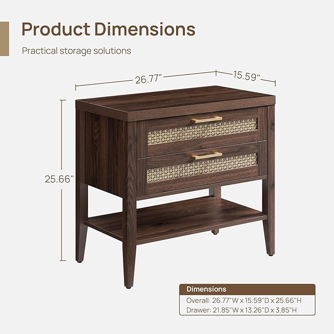 SICOTAS Night Stand Set 2 - Large Nightstands Sets of 2 with Drawers and Shelf, Rustic Bedside Table for Bedroom, Mid Century Modern Nightstand, 25.7" Tall Side End Table (Espresso Walnut, 2 Pieces)