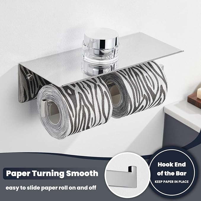 Suyar Double Toilet Paper Holder, SUS 304 Stainless Steel Bathroom Toilet Paper Roll Holder with Shelf, Polished Chrome