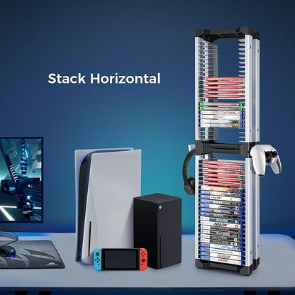 ASFSKY Game Storage Tower - 48 Games Video Game Organizer & Holder with 2 Controller Hooks, Universal Video Game Storage Compatible with PS5/PS4/Xbox/Switch（46Pcs）