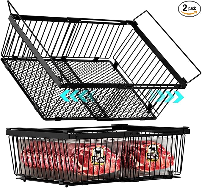 ANJUBAN Large Freezer Organizer Bins，Upgraded Bottom Leak-Proof net，Fit 10 to 20 Cu.Ft Deep Freezer，2 Pack， Expandable Stackable Chest Freezer Organizer Bins , for Fridge, Deep Freezer, Cabinet