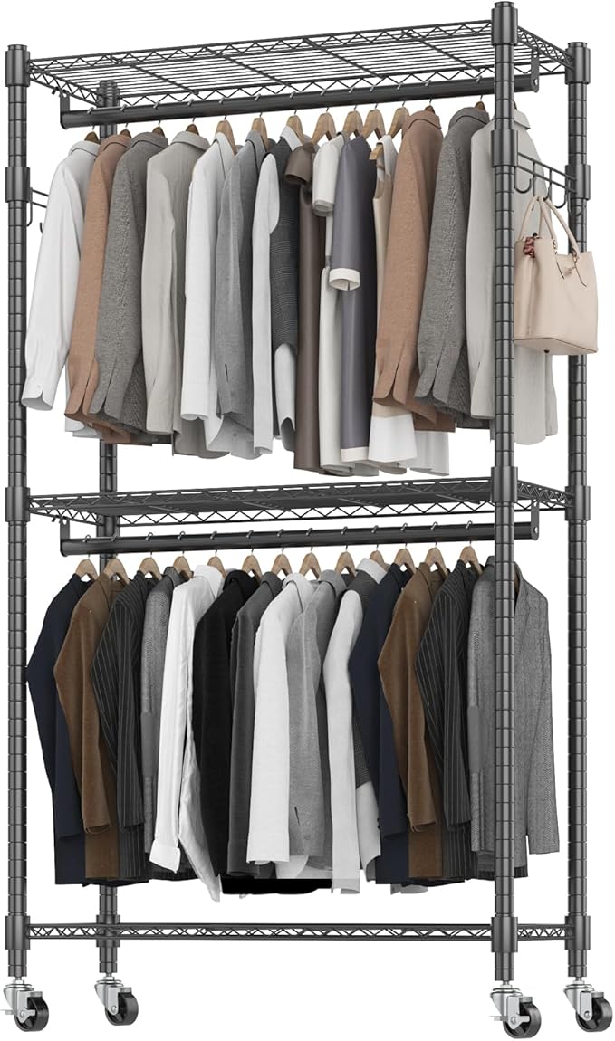 BATHWA Heavy Duty Garment Racks,35.5" D x 16.5" W x 80.7" H, Rolling Clothes Rack with Shelves Wheels 2 Rods for Shirt Clothing Hanging Tall Wardrobe Closet Multifuctional for Bedroom Laundry balcony