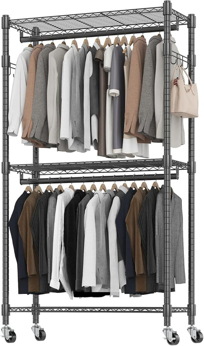 BATHWA Heavy Duty Garment Racks,35.5" D x 16.5" W x 80.7" H, Rolling Clothes Rack with Shelves Wheels 2 Rods for Shirt Clothing Hanging Tall Wardrobe Closet Multifuctional for Bedroom Laundry balcony