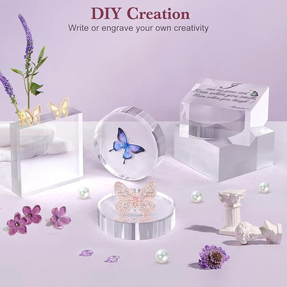 Acrylic Base Stand 4 Pieces Acrylic Blocks for Display 4 X 4 X 1 Inch Clear Polished Block Round Cube Riser Display Pedestal Stands for Jewelry Perfume Ring Collection Props Cake