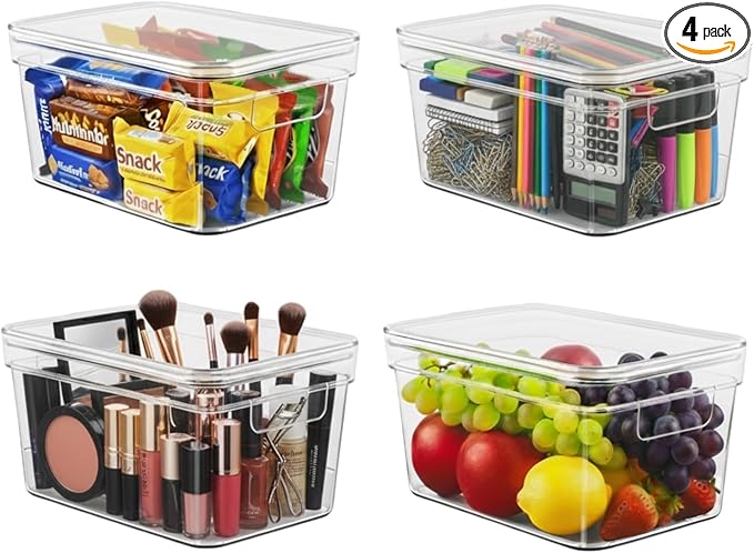 MOONEDGE Clear Plastic Storage Bins with Lids – Stackable Organizer Containers for refrigerator, Kitchen, Pantry, Bathroom, Closet, Laundry Room, Office – 4 Pack (10×6×5 in)