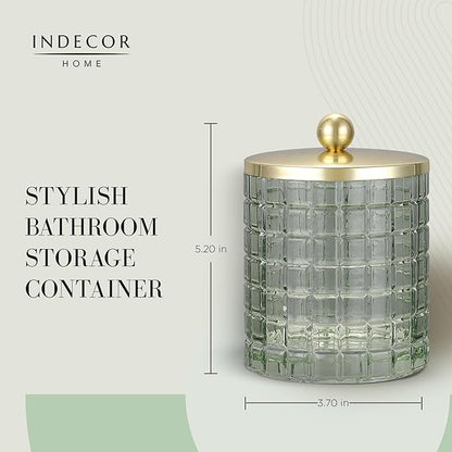 Indecor Home Sage Colored Tranlucent Apothecary Etched Geometric Grid Glass Jar W/Gold Metal Lid Cover for Bathroom Organization, Cotton Balls, Q Tips, and Small Accessories, Bathroom Storage