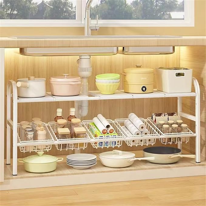 Under Sink Organizers, 2 Tier Stretchable Cabinet Shelf Organizer with 4 Removable Panels and 4 Under Shelf Basket for Under Bathroom Storage,Under Cabinet Shelves,kitchen Sink Storage Rack (white)