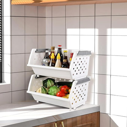 4-Pack Plastic Stackable Storage Baskets, Open Front Kitchen Organizer Basket Bin, White, F