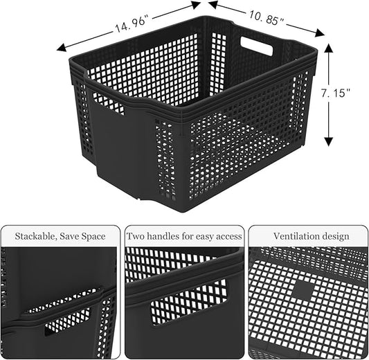 6-Pack Large Plastic Deep Stacking Baskets, Black Storage Baskets, Multi-Purpose, Ideal for Closets, Cabinets, Shelves, Countertops