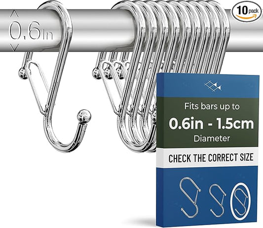 Blau Marité 10-Pack Metal S Hooks for Hanging – Heavy-Duty S-Shaped Hooks with Safety Buckle – Fits Bars up to 0.6 In – Anti-Drop Hook for Kitchen, Pot Racks & Towel Bars – Silver (Small)