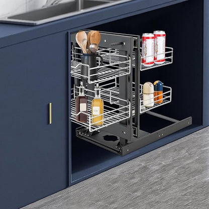 QIANMOON Kitchen Corner Cabinet Pull Out, Magic Corner Pull Out Open, 2 Tiers Swing Tray, Blind Corner Soft Close, for Place Pots and Pans, Containers, Spice Jars