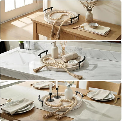 Decorative Round Tray with Bead Garland, 13 Inch Whitewashed Farmhouse Coffee Table Centerpiece, Wooden Decor Tray with Handles for Kitchen Island & Entryway