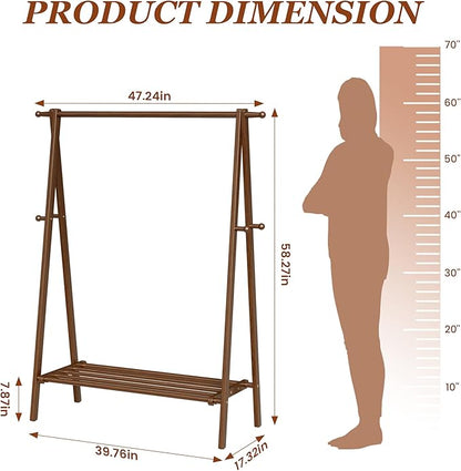 Solid Wood Clothes Rack with Shelves - Collapsible Clothing Racks for Hanging Clothes, Garment Rack with Shelves & 6 Hooks, Hanging Racks for Clothes, Bedroom, Entryway, Kids Room - Walnut
