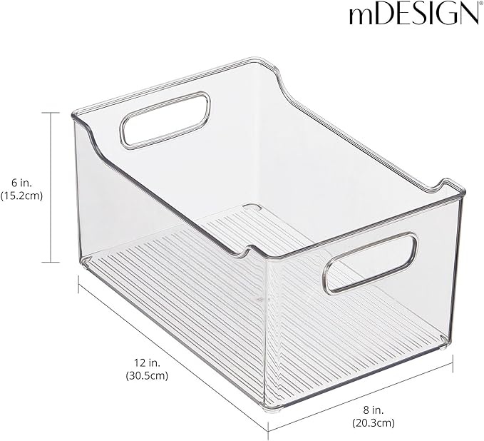 mDesign Plastic Storage Organization Bin with Handles for Kitchen Cabinet, Pantry, Shelf, Fridge/Freezer - Home Organizer for Fruit, Potatoes, Onions, Drinks, Snacks, Pasta - 4 Pack - Clear