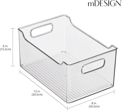 mDesign Plastic Storage Organization Bin with Handles for Kitchen Cabinet, Pantry, Shelf, Fridge/Freezer - Home Organizer for Fruit, Potatoes, Onions, Drinks, Snacks, Pasta - 4 Pack - Clear