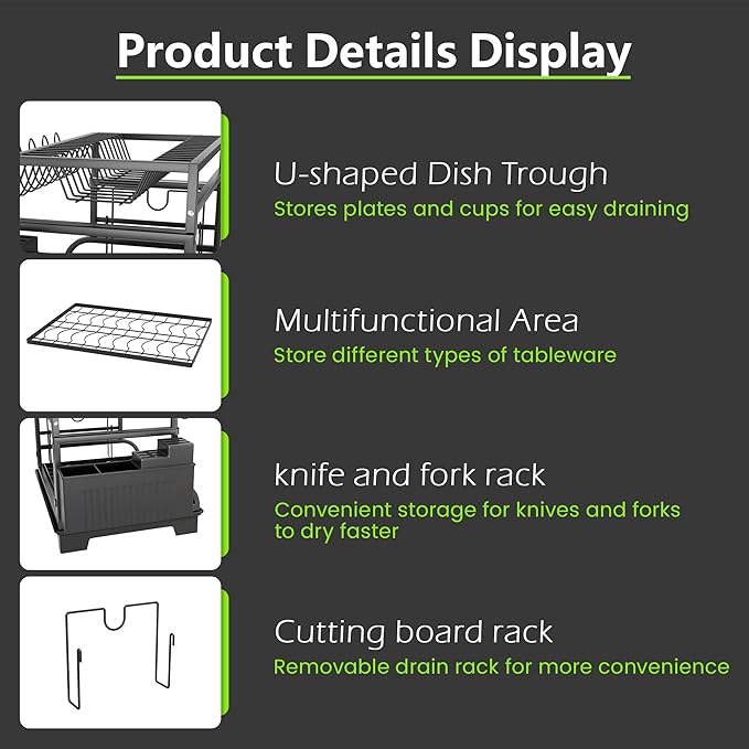 HomeCurated 2-Tier Foldable Dish Drying Rack with Drainboard, Stainless Steel Large Capacity Kitchen Counter Organizer with Cup Holder, Utensil & Cutting Board Storage, No Assembly Required, Black