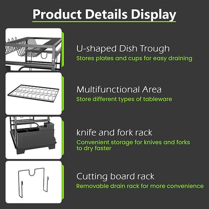 HomeCurated 2-Tier Foldable Dish Drying Rack with Drainboard, Stainless Steel Large Capacity Kitchen Counter Organizer with Cup Holder, Utensil & Cutting Board Storage, No Assembly Required, Black